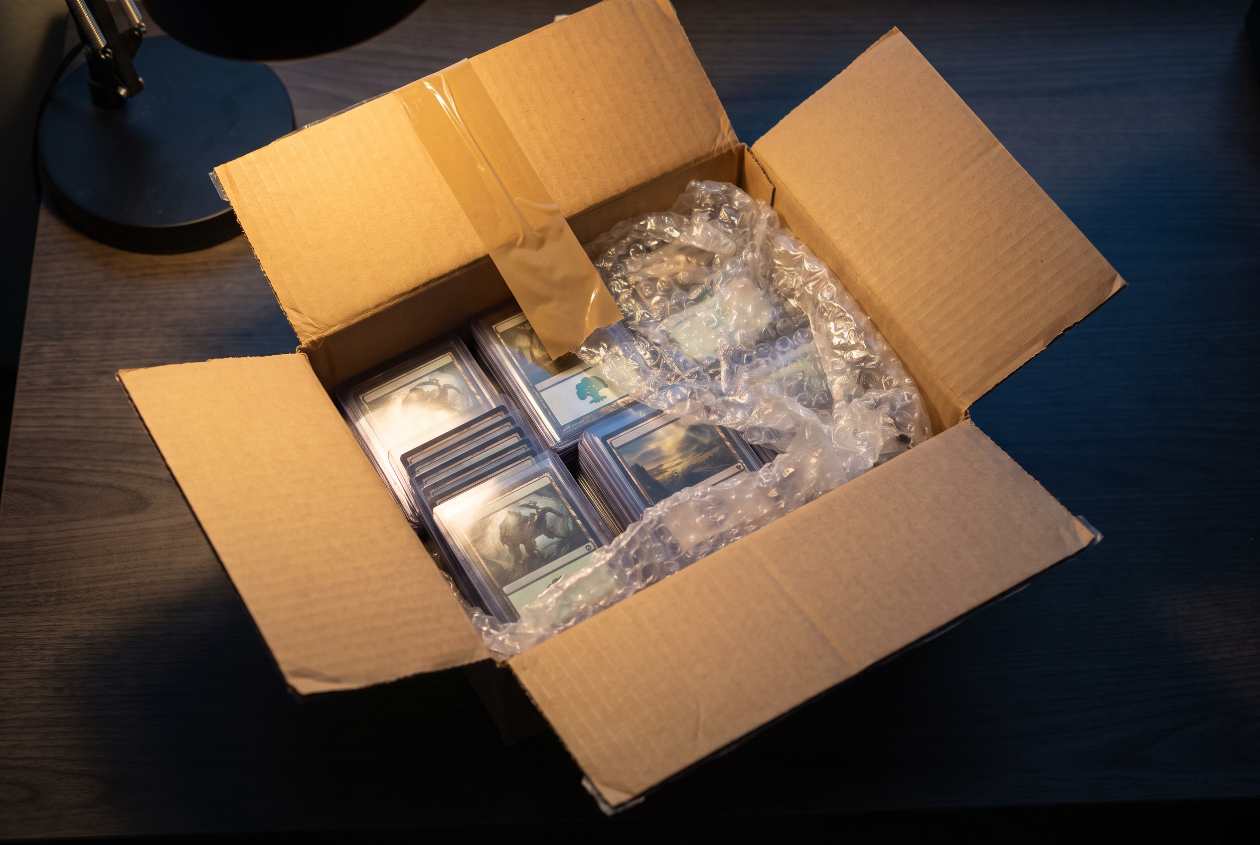 Several sleeved trading cards nestled in bubble wrap inside an open shipping box on a desk, lit by warm lamp light at night.