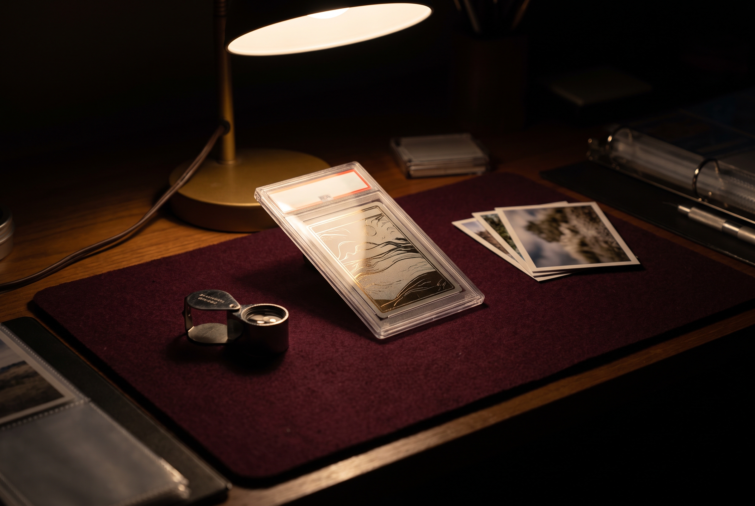 A graded card slab resting at an angle on a desk under warm lamplight, with a loupe and a small stack of printed photographs beside it.