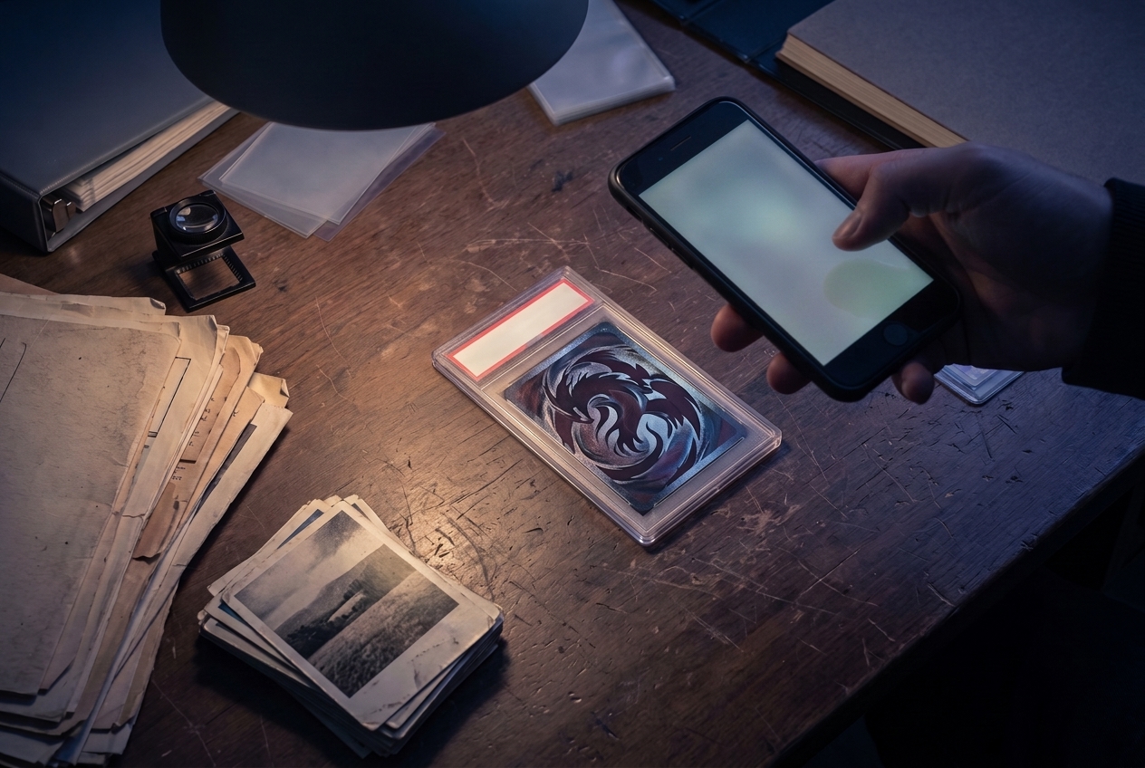 An overhead view of a hand photographing a graded card slab with a phone, beside a fanned stack of printed photos and papers on a desk.