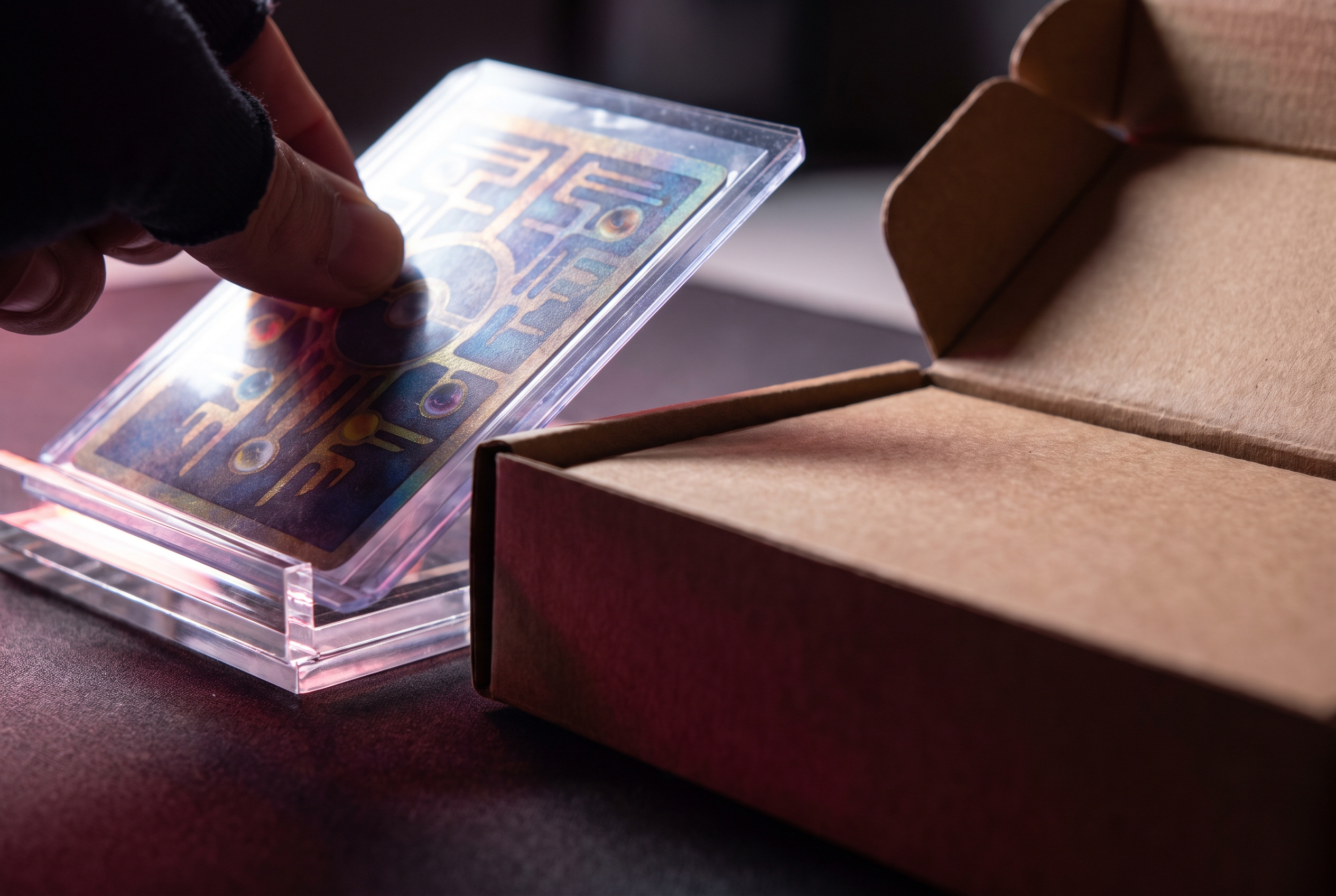 A hand lowers a foil trading card, angled to catch raking light, from a small acrylic display stand down toward a plain cardboard box on dark felt.