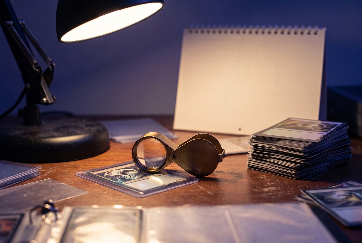 A loupe and sleeved trading card sit under a desk lamp beside a blurred wall calendar page and a stack of loose cards on a cluttered desk at night.