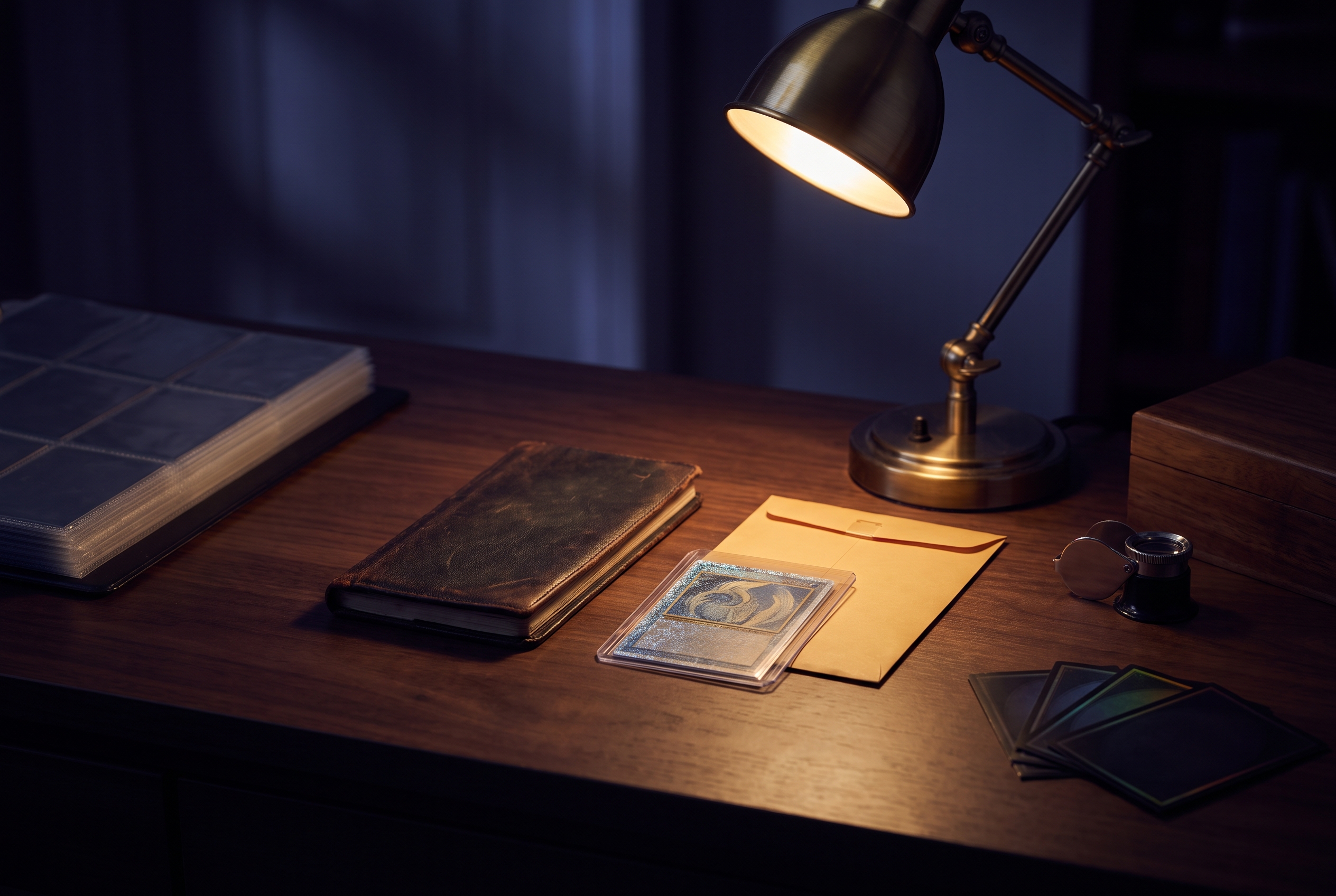 A closed checkbook and an unopened envelope sit beside a sleeved trading card on a dark wood desk, lit only by a small warm lamp.