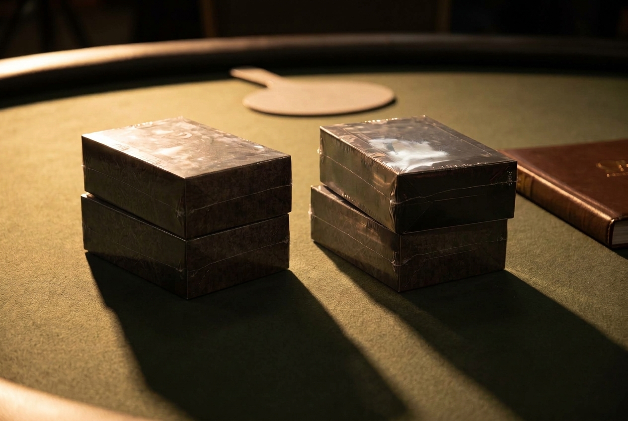Two stacks of sealed trading card boxes from different lines stand side by side on a felt tabletop, raking light catching the foil seals on each.
