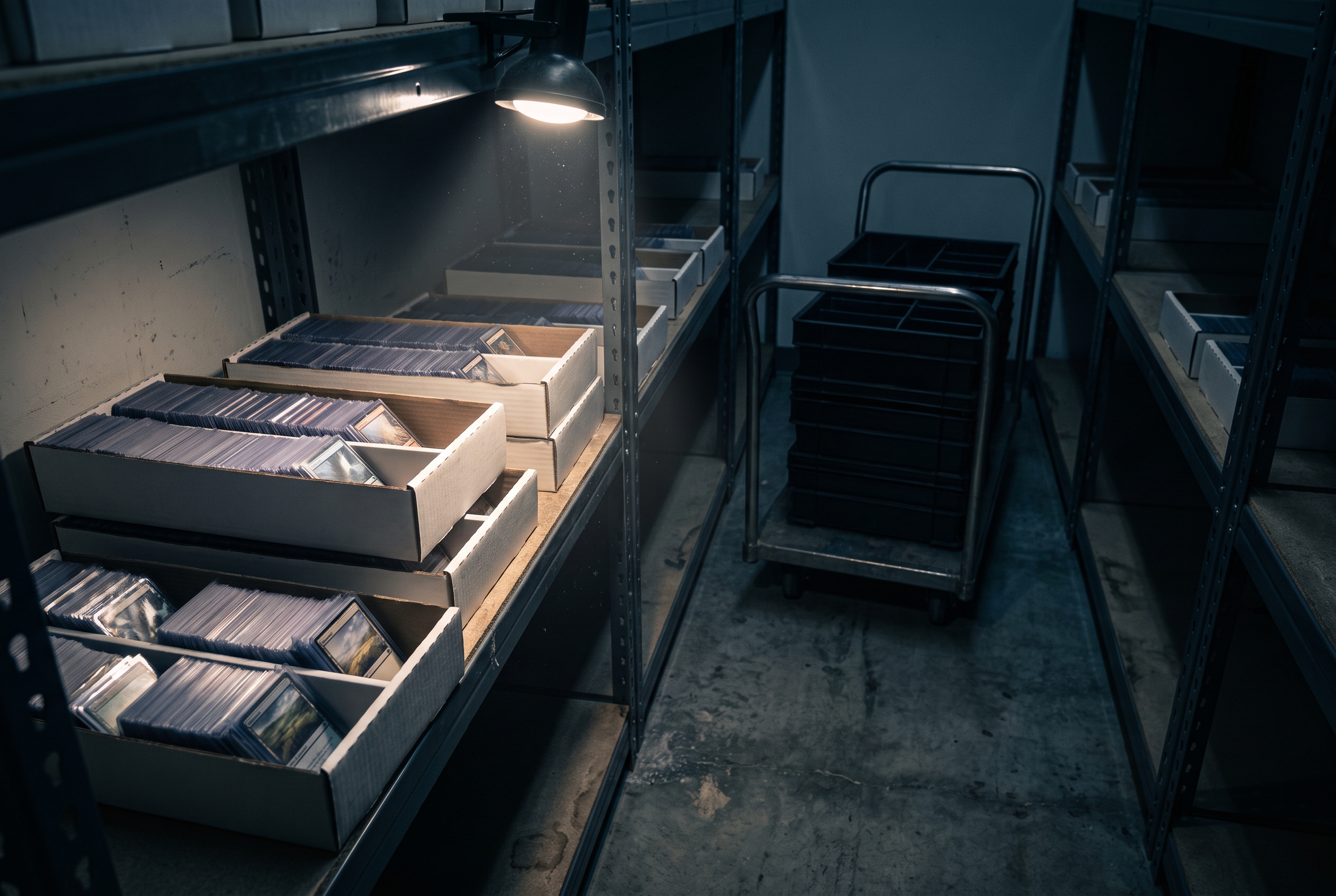 Stacked grading trays of sleeved cards on metal shelving in a dim facility aisle, lit by a single overhead work light, with emptied trays loaded on a handcart further back.