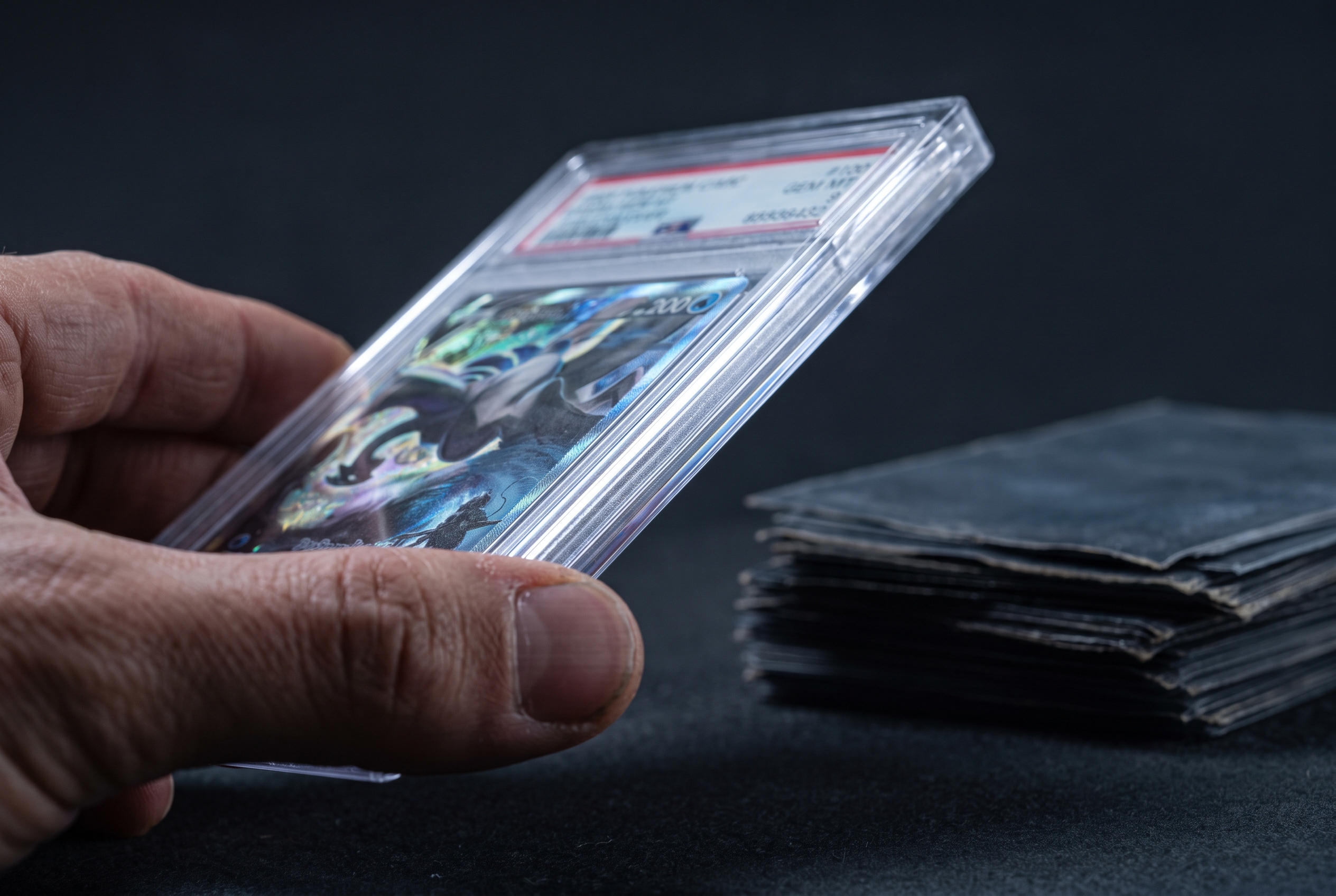 A hand lifting a graded card slab by its edge into bright rim-light, with a blurred stack of raw sleeved cards resting in shadow behind it.