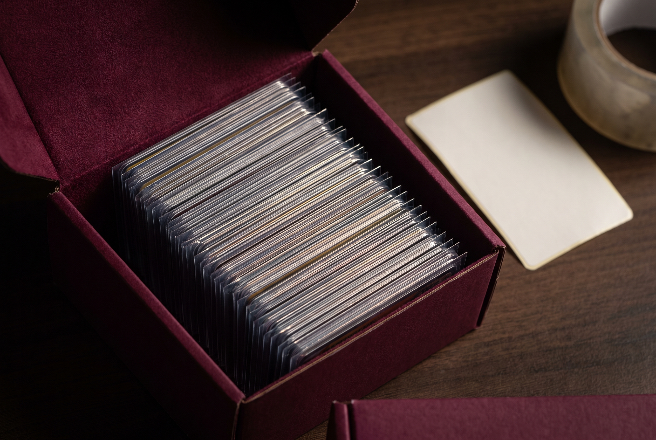 An open felt-lined mailer box tightly packed with sleeved trading cards fanned face-down, lit by a narrow raking light that catches their foil edges.