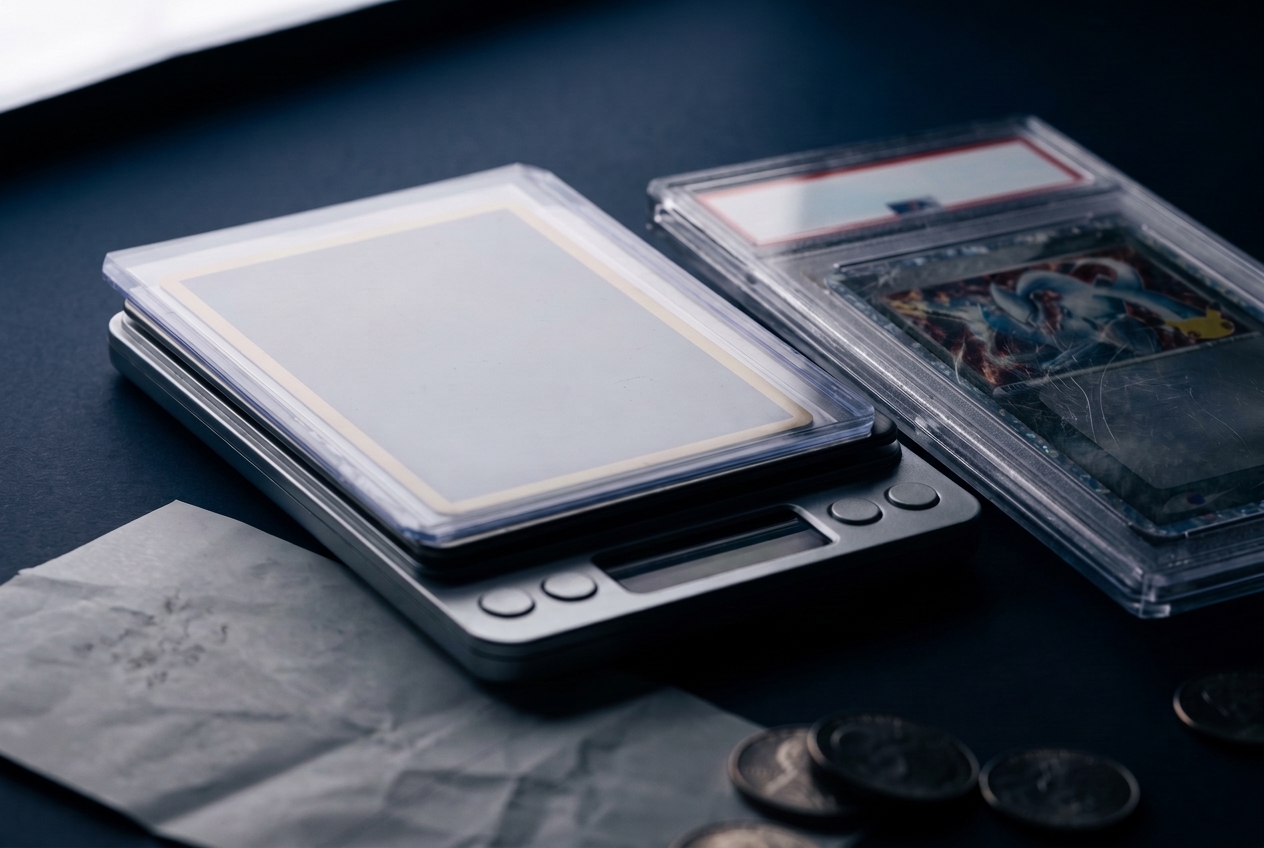 A raw sleeved card resting face-down on a small postal scale next to a graded slab, lit by a tight overhead light with a blurred receipt and coins nearby.