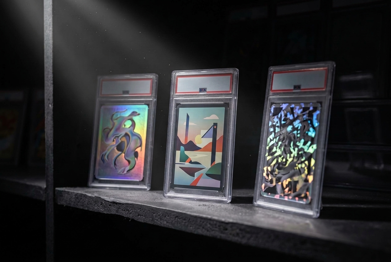 Three upright trading-card slabs with blank label strips standing on a narrow charcoal shelf, lit by a single focused spotlight that highlights their glossy cases against deep shadow.