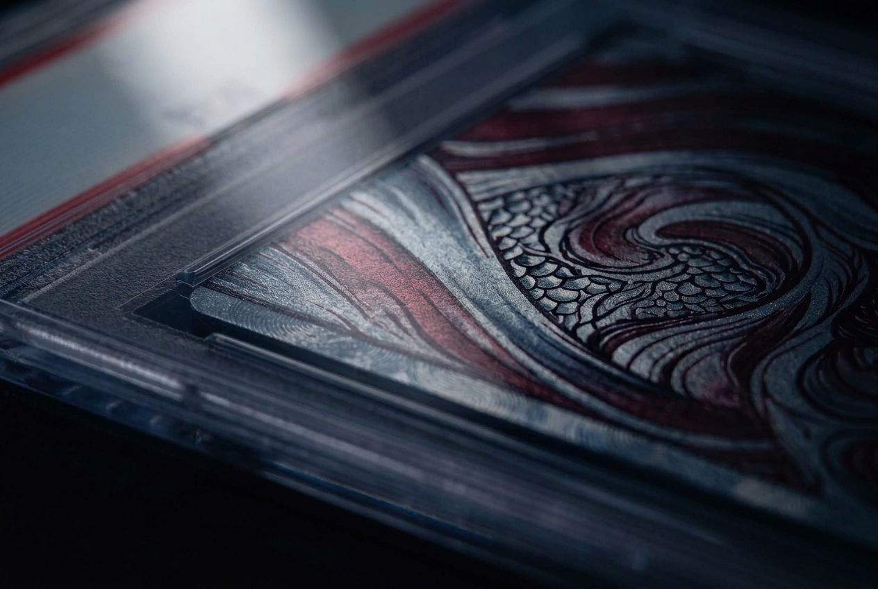 Extreme close-up of a foil trading card corner inside a clear slab, with a soft band of glare across abstract scaled creature artwork and the slab edge fading into darkness.