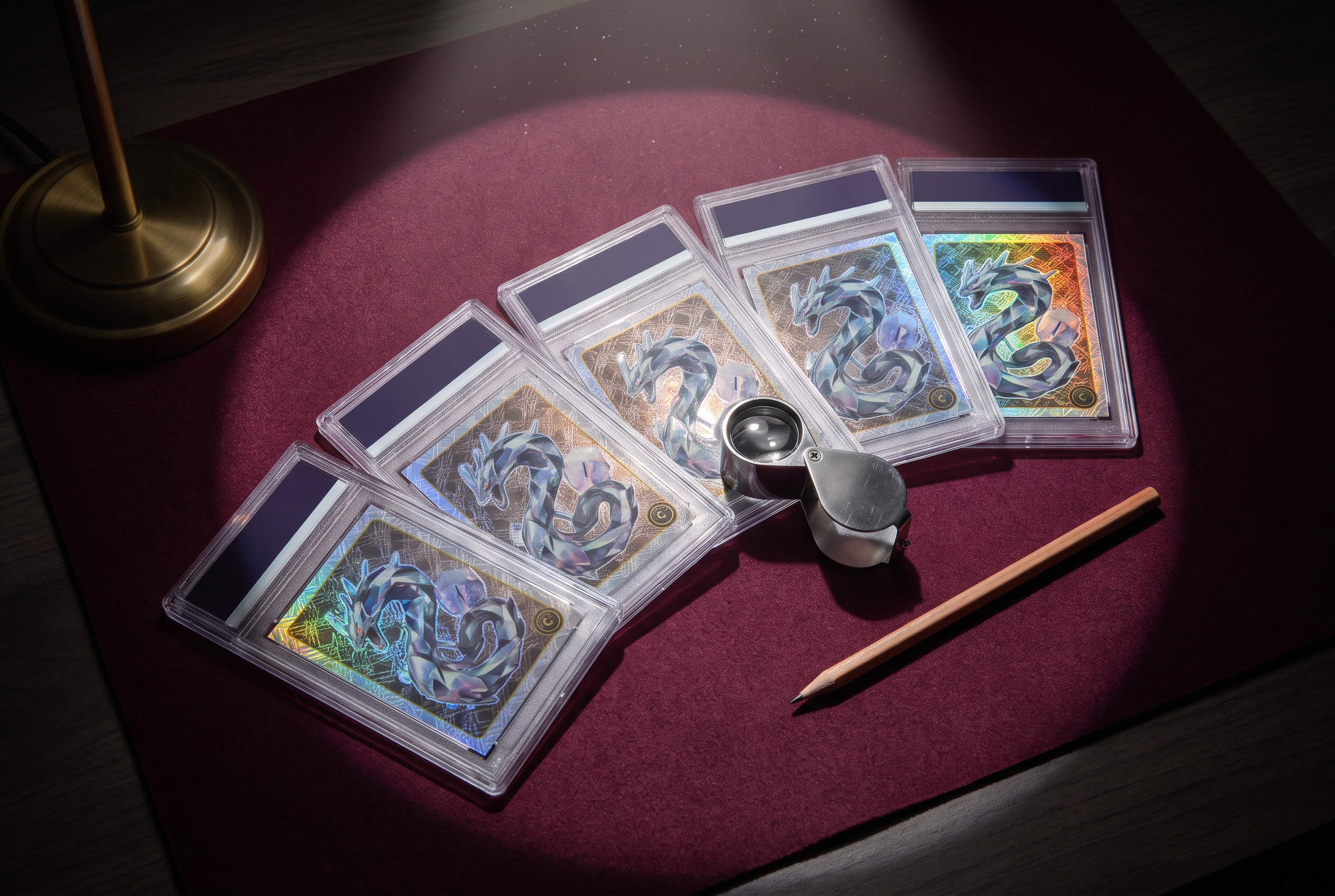Overhead view of five identical graded card slabs fanned across dark burgundy felt beside a jeweler's loupe and a pencil, lit by a single pool of light.